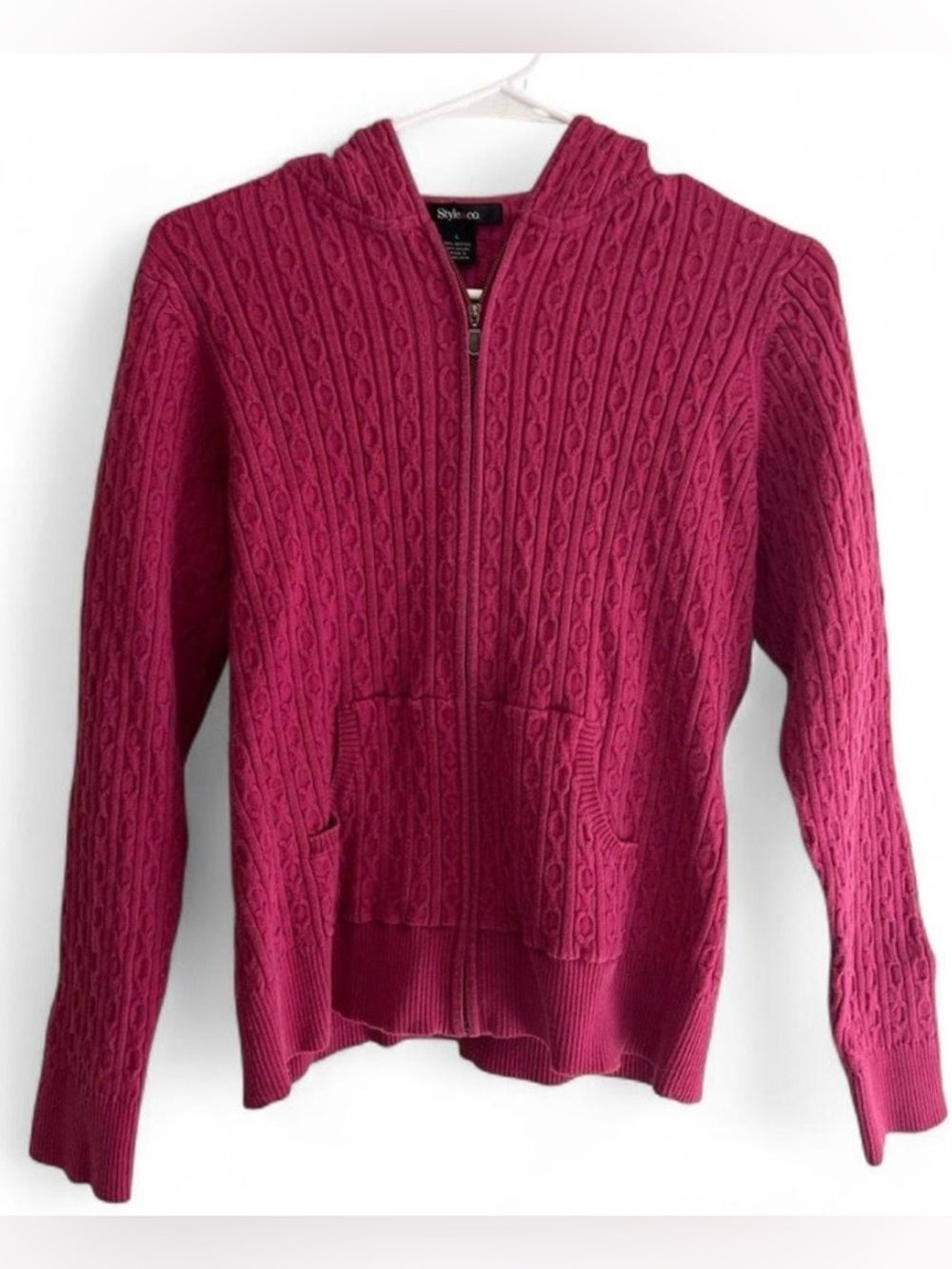 Style & co fuchsia pink cable knit zip up cotton sweater size large academia